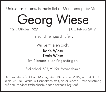 Traueranzeige von Georg Wiese von Hersbrucker Zeitung
