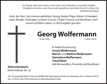 Traueranzeige von Georg Wolfermann von Hersbrucker Zeitung
