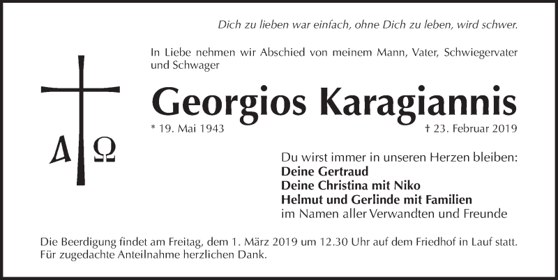  Traueranzeige für Georgios Karagiannis vom 27.02.2019 aus Pegnitz-Zeitung
