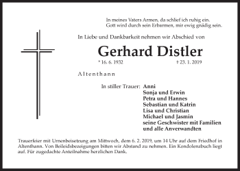 Traueranzeige von Gerhard Distler von Der Bote