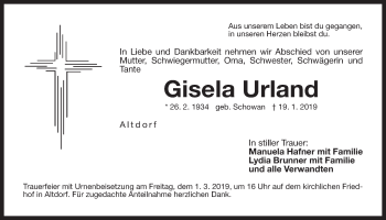 Traueranzeige von Gisela Urland von Der Bote