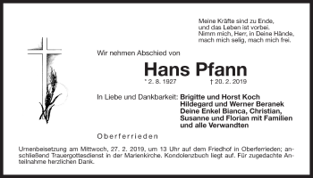 Traueranzeige von Hans Pfann von Der Bote