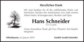 Traueranzeige von Hans Schneider von Hersbrucker Zeitung