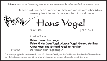 Traueranzeige von Hans Vogel von Hersbrucker Zeitung