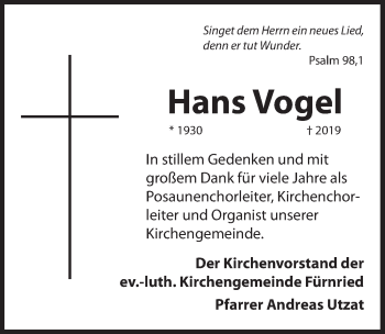 Traueranzeige von Hans Vogel von Hersbrucker Zeitung