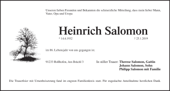 Traueranzeige von Heinrich Salomon von Pegnitz-Zeitung