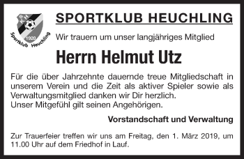 Traueranzeige von Helmut Utz von Pegnitz-Zeitung