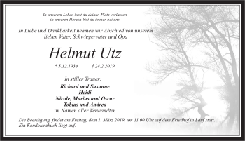 Traueranzeige von Helmut Utz von Pegnitz-Zeitung