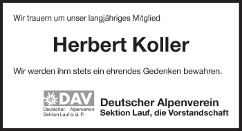 Traueranzeige von Herbert Koller von Pegnitz-Zeitung