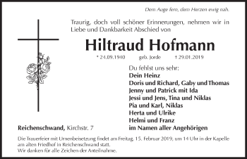 Traueranzeige von Hiltraud Hofmann von Hersbrucker Zeitung