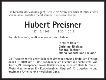 Traueranzeige von Hubert Preisner von Der Bote
