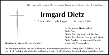 Traueranzeige von Irmgard Dietz von Hersbrucker Zeitung
