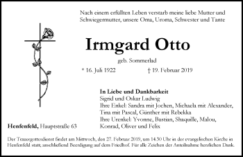 Traueranzeige von Irmgard Otto von Hersbrucker Zeitung
