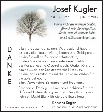 Traueranzeige von Josef Kugler von Hersbrucker Zeitung
