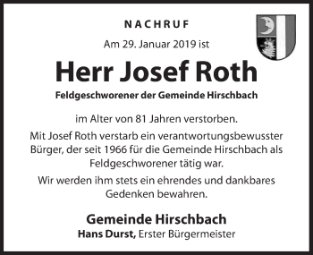 Traueranzeige von Josef Roth von Hersbrucker Zeitung