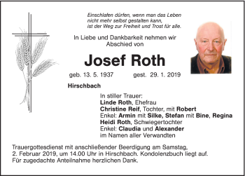 Traueranzeige von Josef Roth von Hersbrucker Zeitung