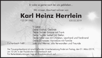 Traueranzeige von Karl Heinz Herrlein von Hersbrucker Zeitung