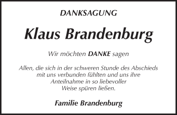 Traueranzeige von Klaus Brandenburg von Pegnitz-Zeitung