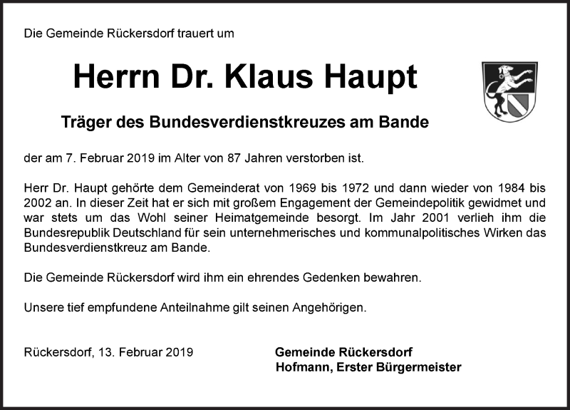  Traueranzeige für Klaus Haupt vom 13.02.2019 aus Pegnitz-Zeitung
