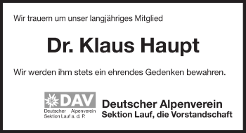 Traueranzeige von Klaus Haupt von Pegnitz-Zeitung