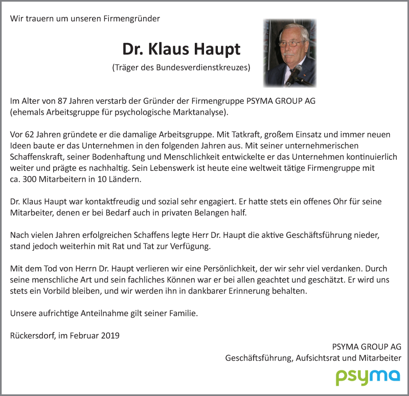  Traueranzeige für Klaus Haupt vom 13.02.2019 aus Pegnitz-Zeitung