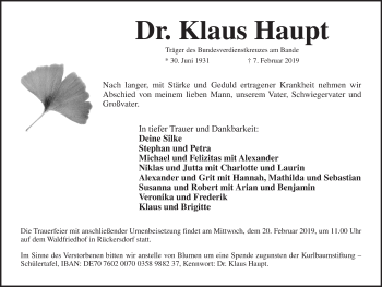 Traueranzeige von Klaus Haupt von Pegnitz-Zeitung