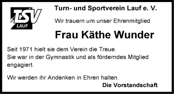 Traueranzeige von Käthe Wunder von Pegnitz-Zeitung