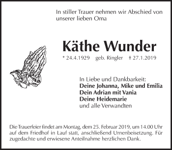 Traueranzeige von Käthe Wunder von Pegnitz-Zeitung