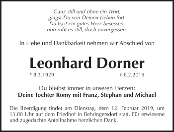 Traueranzeige von Leonhard Dorner von Pegnitz-Zeitung
