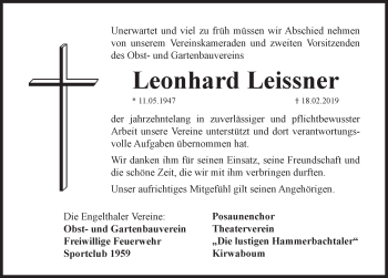 Traueranzeige von Leonhard Leissner von Hersbrucker Zeitung