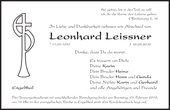 Traueranzeige von Leonhard Leissner von Hersbrucker Zeitung