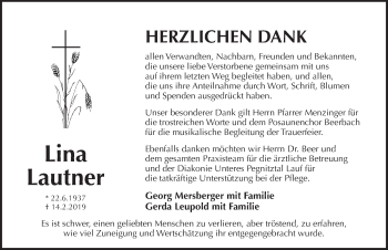 Traueranzeige von Lina Lautner von Pegnitz-Zeitung