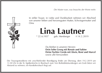 Traueranzeige von Lina Lautner von Pegnitz-Zeitung