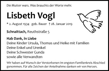 Traueranzeige von Lisbeth Vogl von Pegnitz-Zeitung