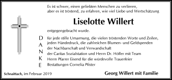 Traueranzeige von Liselotte Willert von Pegnitz-Zeitung