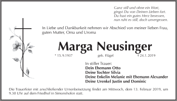 Traueranzeige von Marga Neusinger von Pegnitz-Zeitung