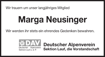 Traueranzeige von Marga Neusinger von Pegnitz-Zeitung