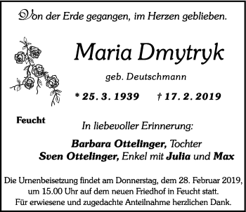 Traueranzeige von Maria Dmytryk von Der Bote