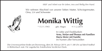Traueranzeige von Monika Wittig von Pegnitz-Zeitung