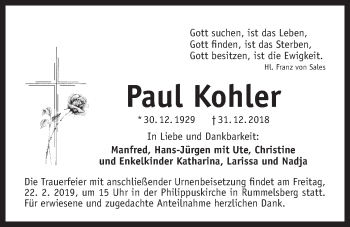 Traueranzeige von Paul Kohler von Der Bote