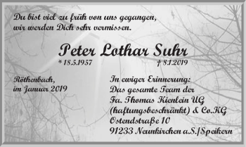 Traueranzeige von Peter Lothar Suhr von Pegnitz-Zeitung