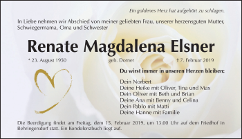 Traueranzeige von Renate Magdalena Elsner von Pegnitz-Zeitung