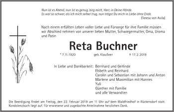 Traueranzeige von Reta Buchner von Pegnitz-Zeitung