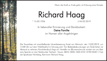 Traueranzeige von Richard Haag von Pegnitz-Zeitung