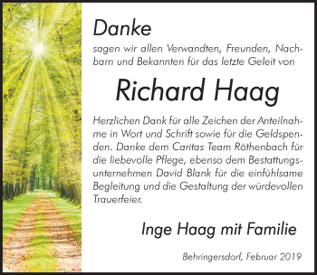 Traueranzeige von Richard Haag von Pegnitz-Zeitung