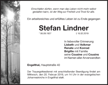 Traueranzeige von Stefan Lindner von Hersbrucker Zeitung