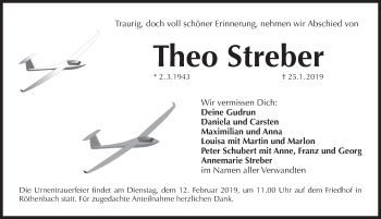 Traueranzeige von Theo Streber von Pegnitz-Zeitung