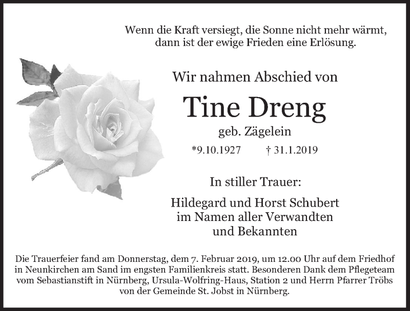  Traueranzeige für Tine Dreng vom 09.02.2019 aus Pegnitz-Zeitung