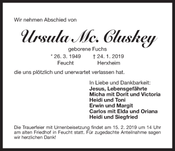 Traueranzeige von Ursula Mc. Cluskey von Der Bote