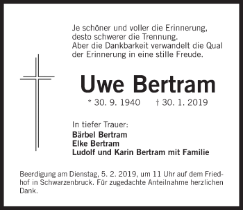 Traueranzeige von Uwe Bertram von Der Bote